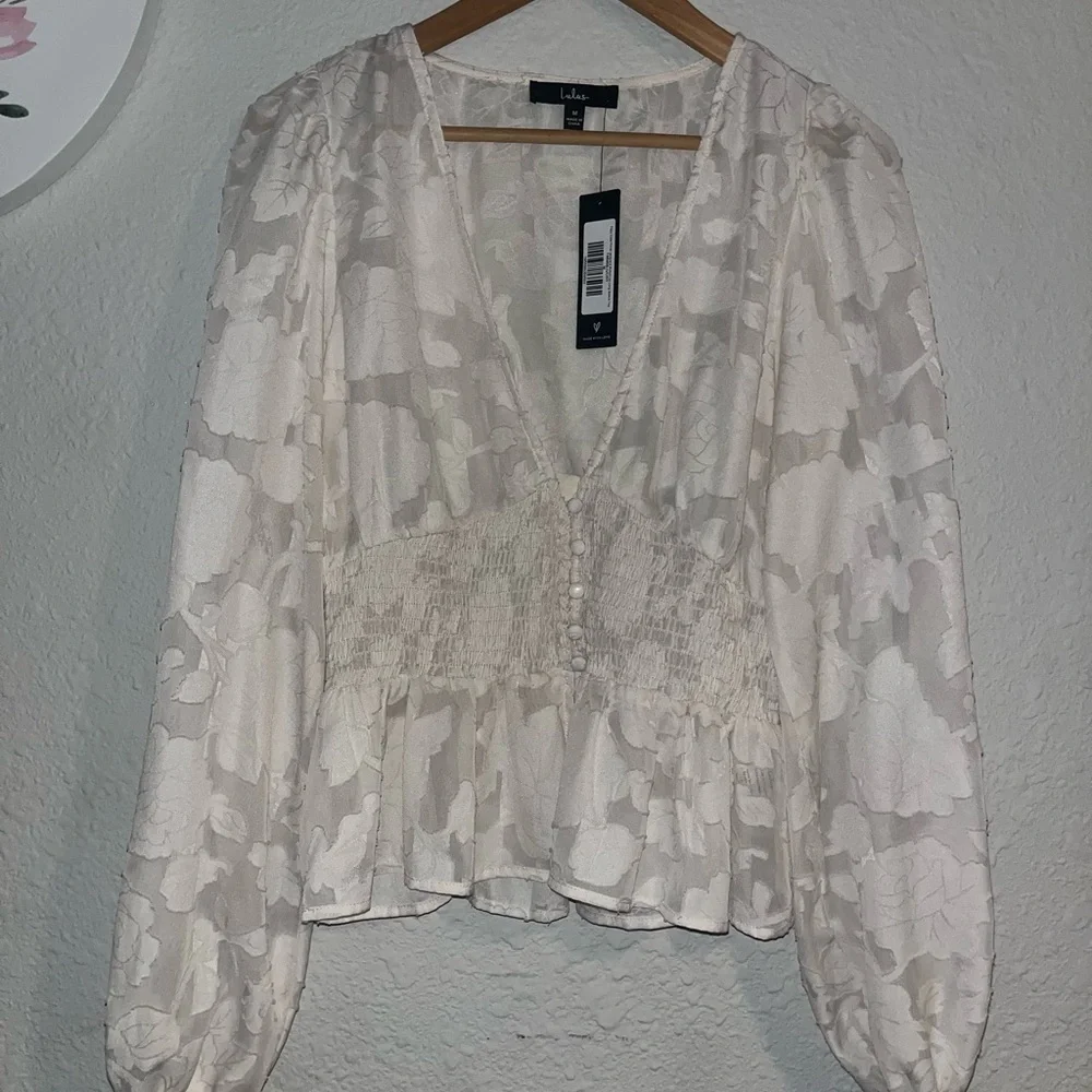 Lulus Patio Date Ivory Floral Jacquard Button-Up Long Sleeve Top - Picture 3 of 8